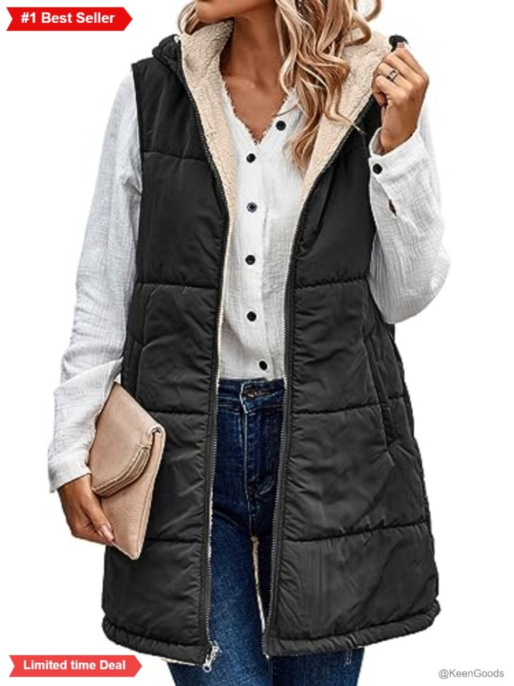 Women's Reversible Fleece Lined Puffer Vest Zip Up Hooded Sleeveless Coat
